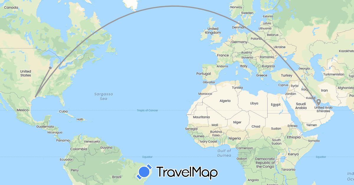 TravelMap itinerary: driving, plane in Qatar, United States (Asia, North America)